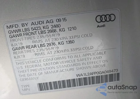 2016 Audi Q5 2.0T Premium from USA, damaged, VIN WA1L2AFP0GA049473
